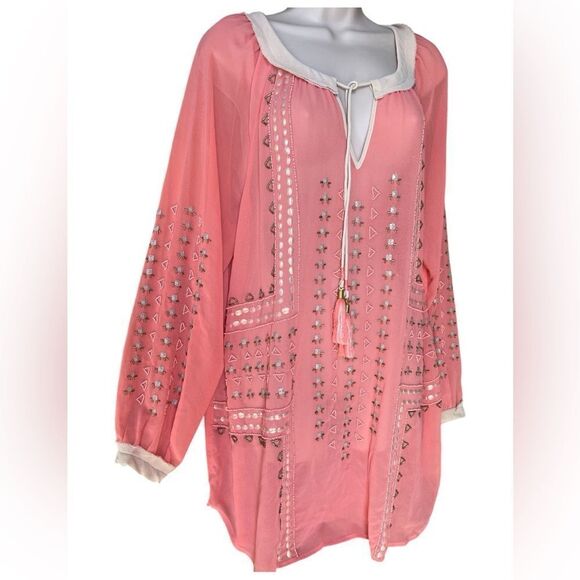 Soft Surroundings XL Boho Beaded Tassels Penelope Cream Neckline Embroidered - Picture 4 of 8